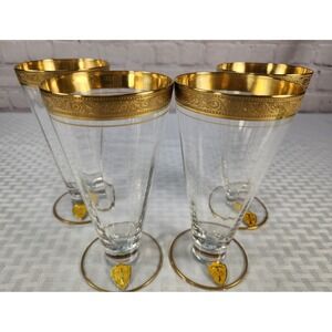 Tiffin 1930s-40s Valencia Gold Trim Optic Paneled  Glasses, Vintage Set Of 4